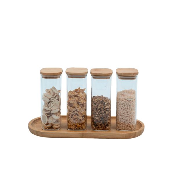 Kit 4 potes de vidro herméticos com tampa de bambu quadrados 250ml e bandeja de bambu 34cm - oikos