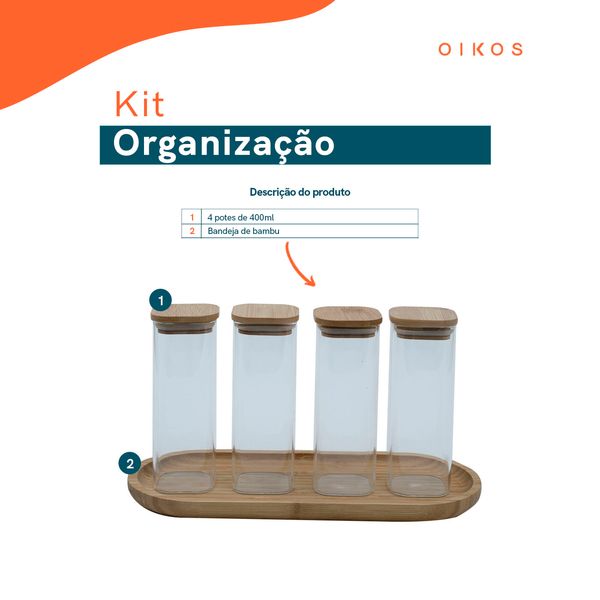 Kit 4 potes de vidro herméticos com tampa de bambu quadrados 250ml e bandeja de bambu 34cm - oikos