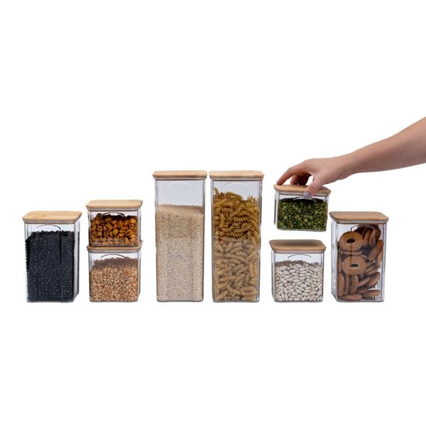 Kit 8 potes de acrílico com tampa de bambu quadrados - oikos