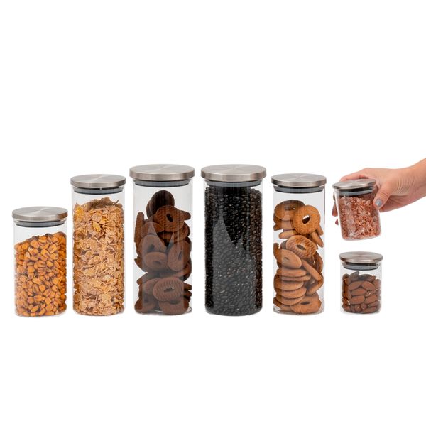 Kit 7 potes de vidro com tampa inox circular mantimento - oikos