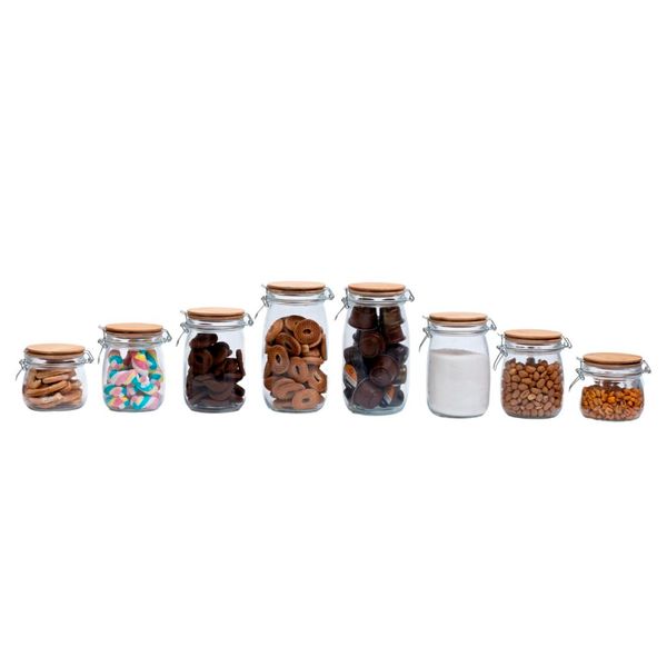 Kit 8 potes de vidro tampa de bambu com trava 450ml, 700ml, 1l e 1,5l - oikos