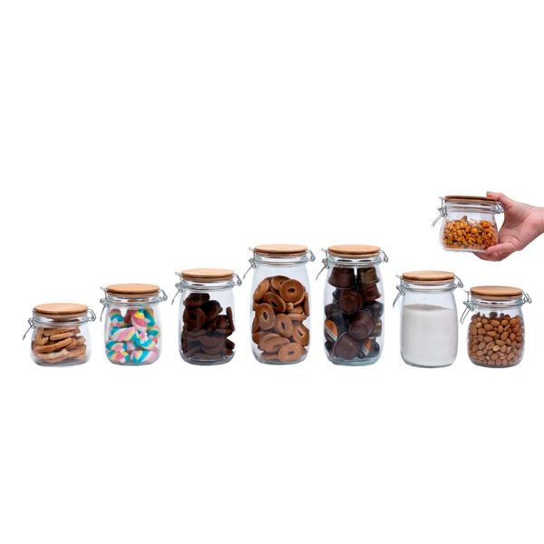 Kit 8 potes de vidro tampa de bambu com trava 450ml, 700ml, 1l e 1,5l - oikos