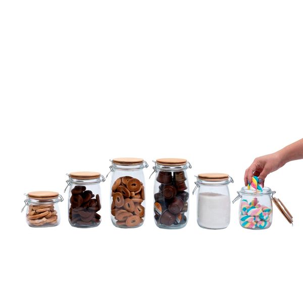 Kit de 6 potes de vidro tampa de bambu e trava 450ml, 700ml, 1l e 1,5l - oikos