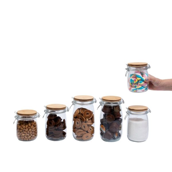 Kit de 6 potes de vidro tampa de bambu e trava 700ml, 1l e 1,5l - oikos