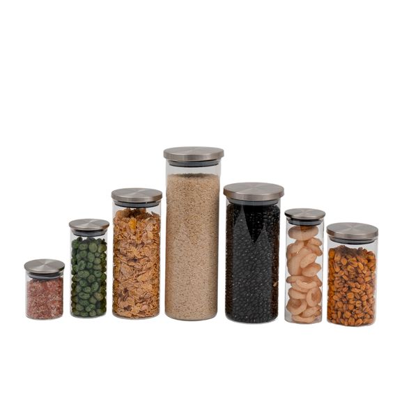 Kit 7 potes de vidro com tampa de inox redondo - oikos