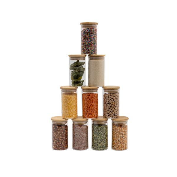 Kit 10 potes de vidro 300ml com tampa de bambu herméticos redondos - oikos