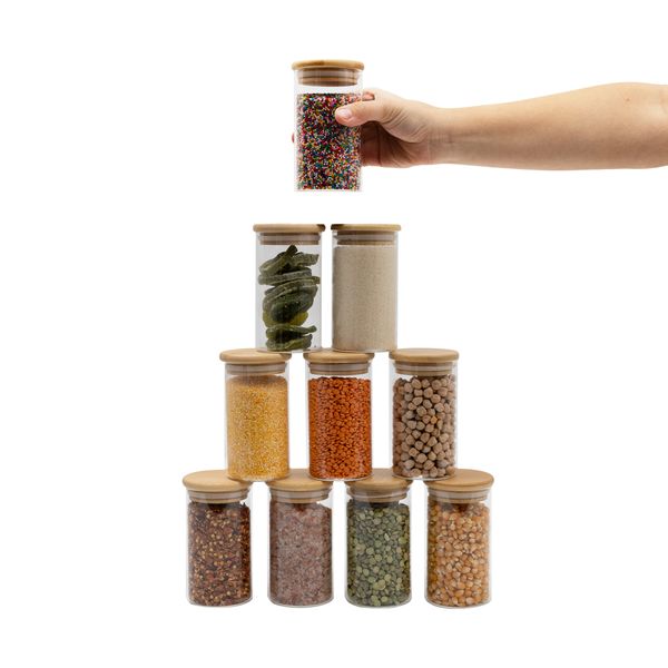 Kit 10 potes de vidro 300ml com tampa de bambu herméticos redondos - oikos