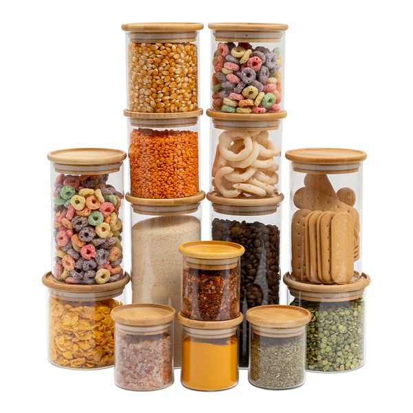 Kit 14 potes de vidro com tampa de bambu herméticos redondos empilháveis - oikos