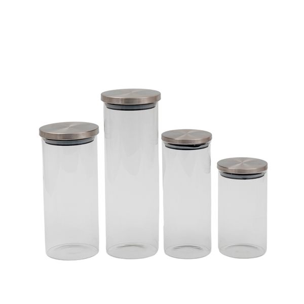 Kit 4 potes de vidro com tampa de inox redondo mantimento - oikos