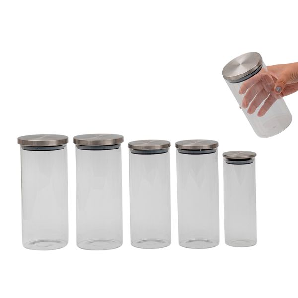 Kit 6 potes de vidro com tampa de inox redondo mantimento - oikos