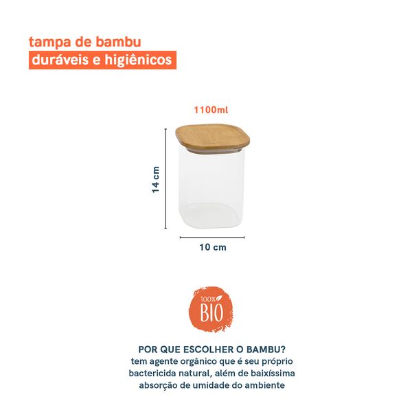Pote de vidro de mantimentos 1100ml c/ tampa de bambu oikos