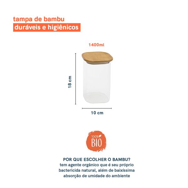Pote de vidro de mantimentos 1400ml c/ tampa de bambu oikos