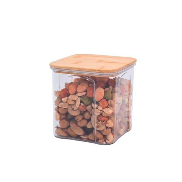 Pote de acrílico 900ml com tampa de bambu transparente quadrado - oikos