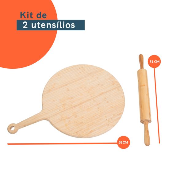 Kit tábua de pizza e rolo de massa de bambu 2 pçs - oikos