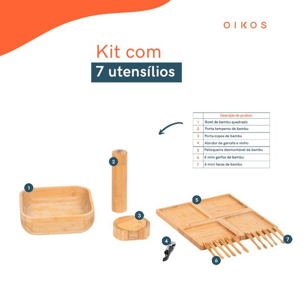 Kit utensílios de bambu e abridor de vinho 7 peças oikos