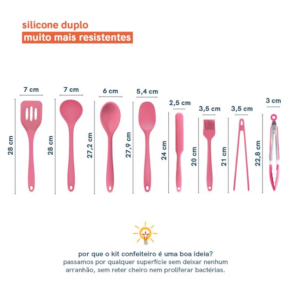 Kit de utensílios de silicone com 8 peças rosa - oikos