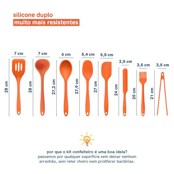 Kit de utensílios de silicone com 8 peças laranja - oikos