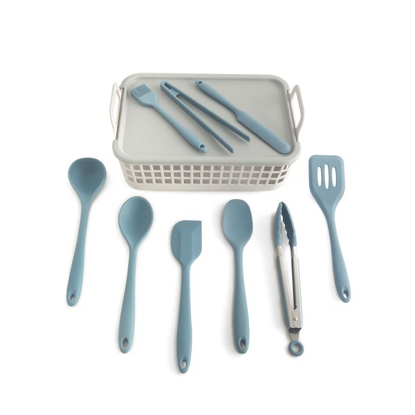 Kit de utensílios de cozinha c/ cesto 10 peças az - oikos