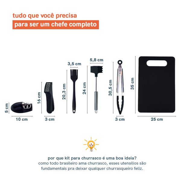 Kit utensílios de cozinha p/ churrasco 6 peças preto - oikos