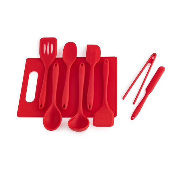 Kit de utensílios de cozinha com tábua verm 9 peças - oikos