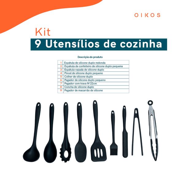 Kit 9 utensílios de cozinha de silicone completo multiuso - oikos