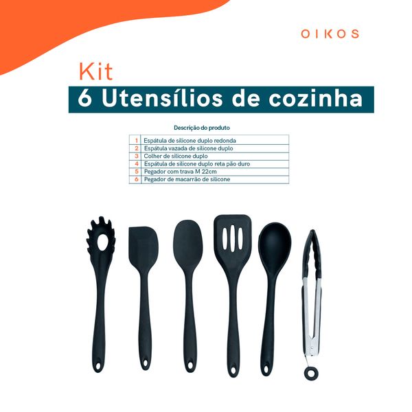 Kit 6 utensílios de cozinha de silicone completo multiuso - oikos