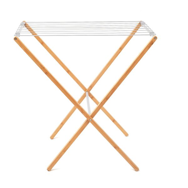 Varal horizontal chão dobrável em bambu com hastes metálicas - simplo