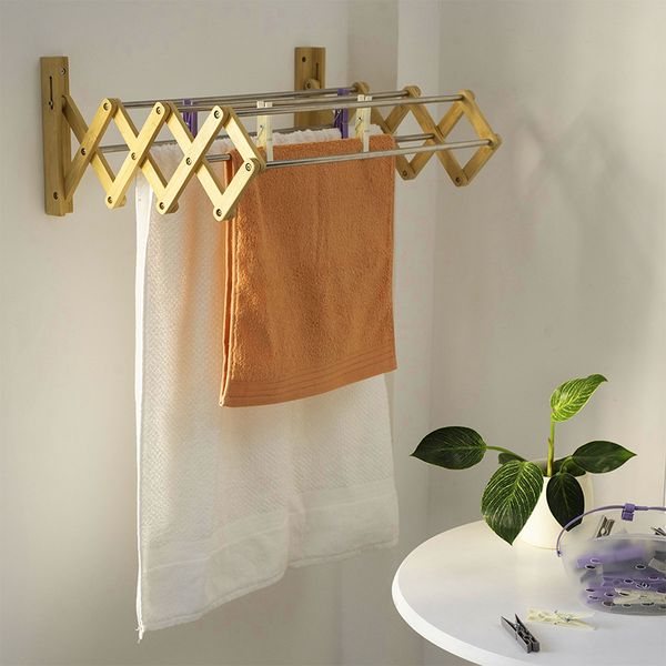 Varal sanfonado de bambu com hastes metálicas - simplo