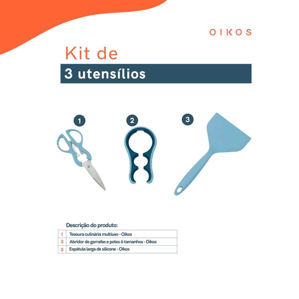 Kit tesoura de cozinha, abridor de garrafas e potes e espátula de silicone larga - oikos