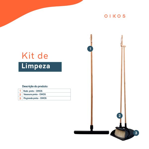 Kit vassoura, rodo e pá preto - oikos