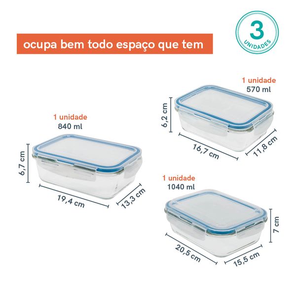 Conjunto de potes herméticos de vidro 3 peças - oikos