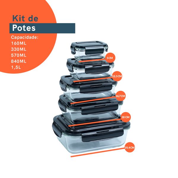 Kit potes de vidro com tampa colorida 5 pçs - oikos