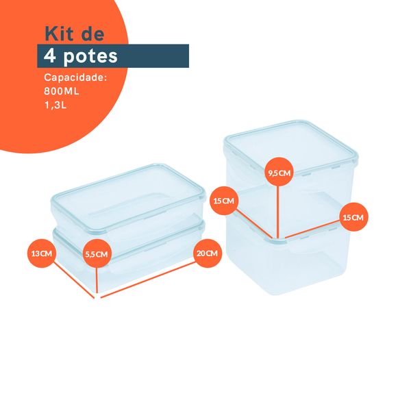 Kit pote hermético de plástico 4pçs 2-800ml e 2-1,3l - oikos