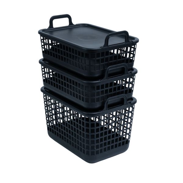Kit 3 cestos telados c/ tampa de plástico 2p/1m preto – oikos