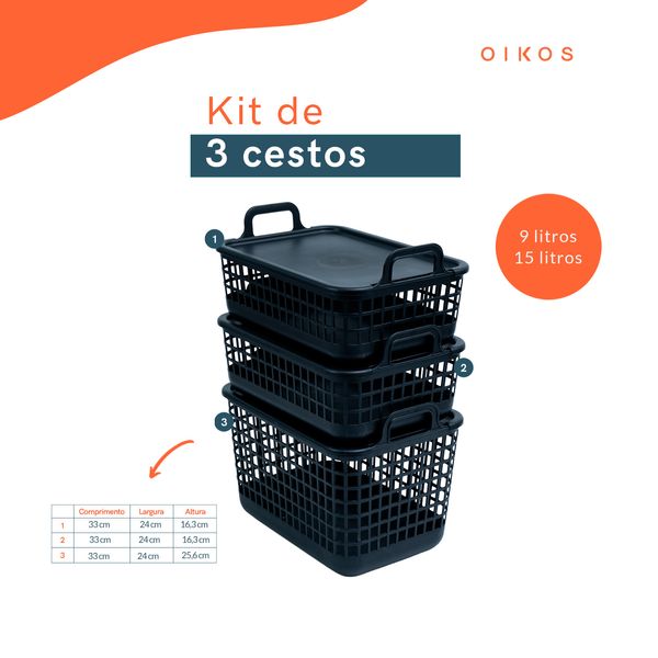 Kit 3 cestos telados c/ tampa de plástico 2p/1m preto – oikos