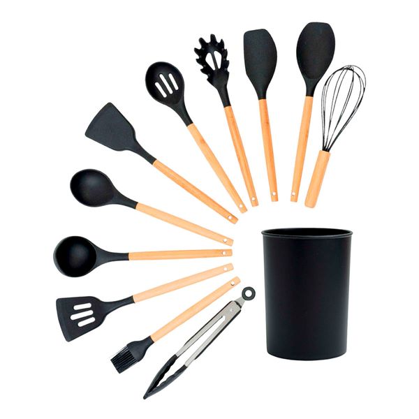 Kit 11 utensílios de cozinha de silicone e madeira com suporte - oikos