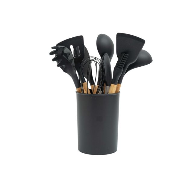 Kit 11 utensílios de cozinha de silicone e madeira com suporte - oikos