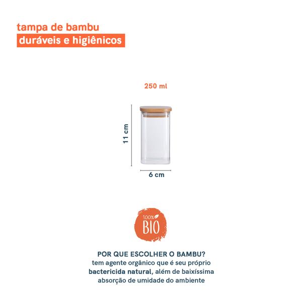Pote de mantimentos quadrado flat 250ml tampa bambu - oikos