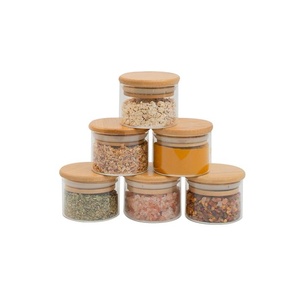 Kit de 6 potes de mantimentos de vidro borossilicato de 110ml com tampa de bambu - oikos
