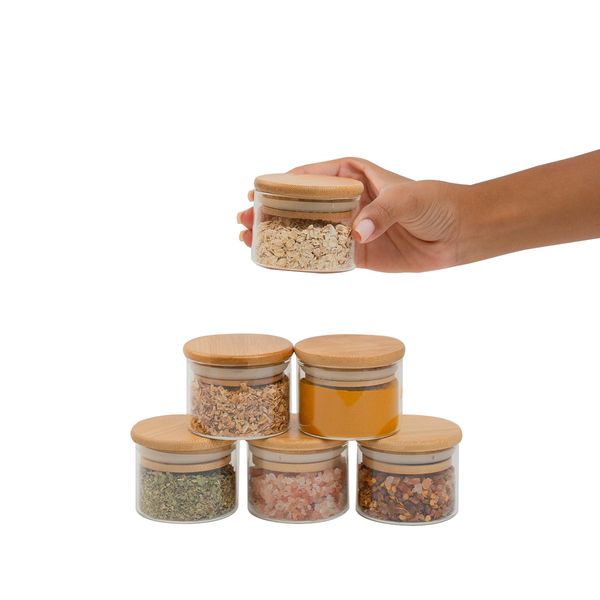 Kit de 6 potes de mantimentos de vidro borossilicato de 110ml com tampa de bambu - oikos