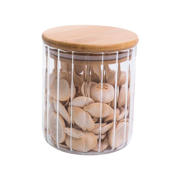 Pote 500ml de vidro canelado com tampa de bambu de mantimento - oikos