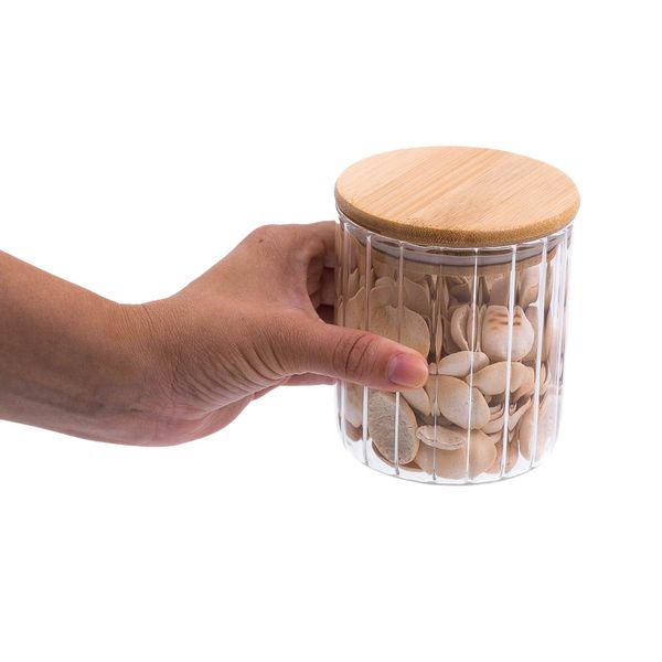 Pote 500ml de vidro canelado com tampa de bambu de mantimento - oikos