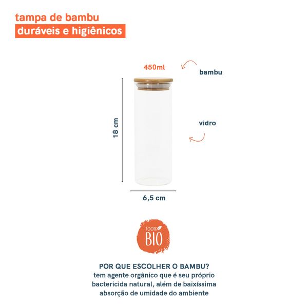 Pote de vidro de mantimentos 450ml c/ tampa de bambu oikos