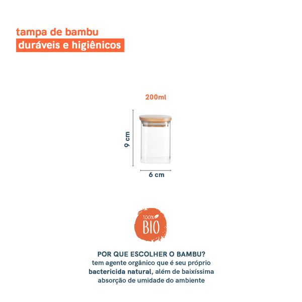 Pote de mantimentos quadrado flat 200ml tampa bambu - oikos
