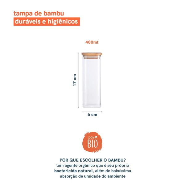 Pote de mantimentos quadrado flat 400ml tampa bambu - oikos