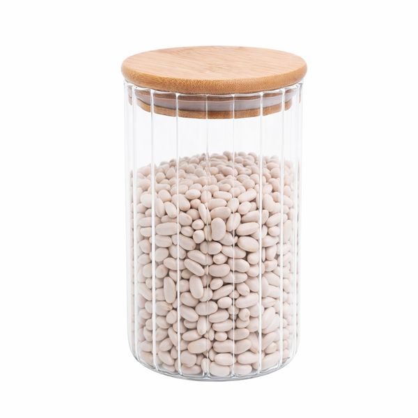 Pote 800ml de vidro canelado com tampa de bambu de mantimento - oikos