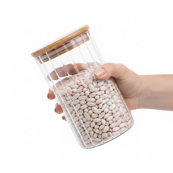 Pote 800ml de vidro canelado com tampa de bambu de mantimento - oikos