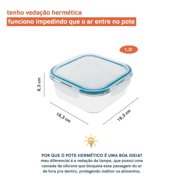 Pote 1,2l de vidro com tampa transparente quadrado raso - oikos