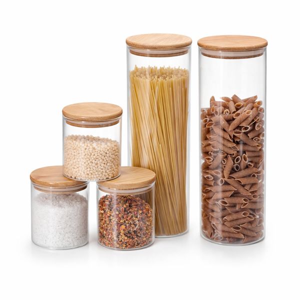 Kit 5 potes de vidro hermeticos com tampa de bambu redondos - oikos