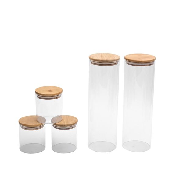 Kit 5 potes de vidro hermeticos com tampa de bambu redondos - oikos